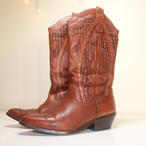 Vintage Gianni Leather Brown Woven Cowboy Boots Size 6 Half B - Picture 3 of 16